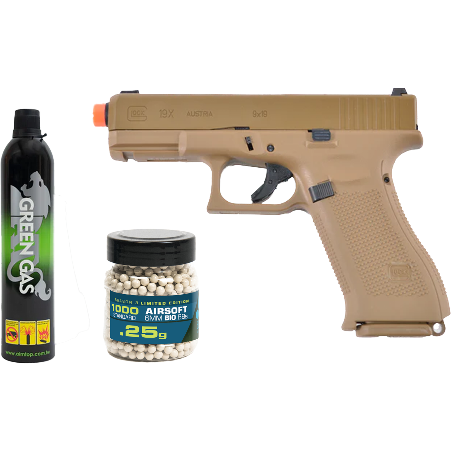 Elite Force Fully Licensed GLOCK 19X Gas Blowback Airsoft Pistol, Green Gas, Tan